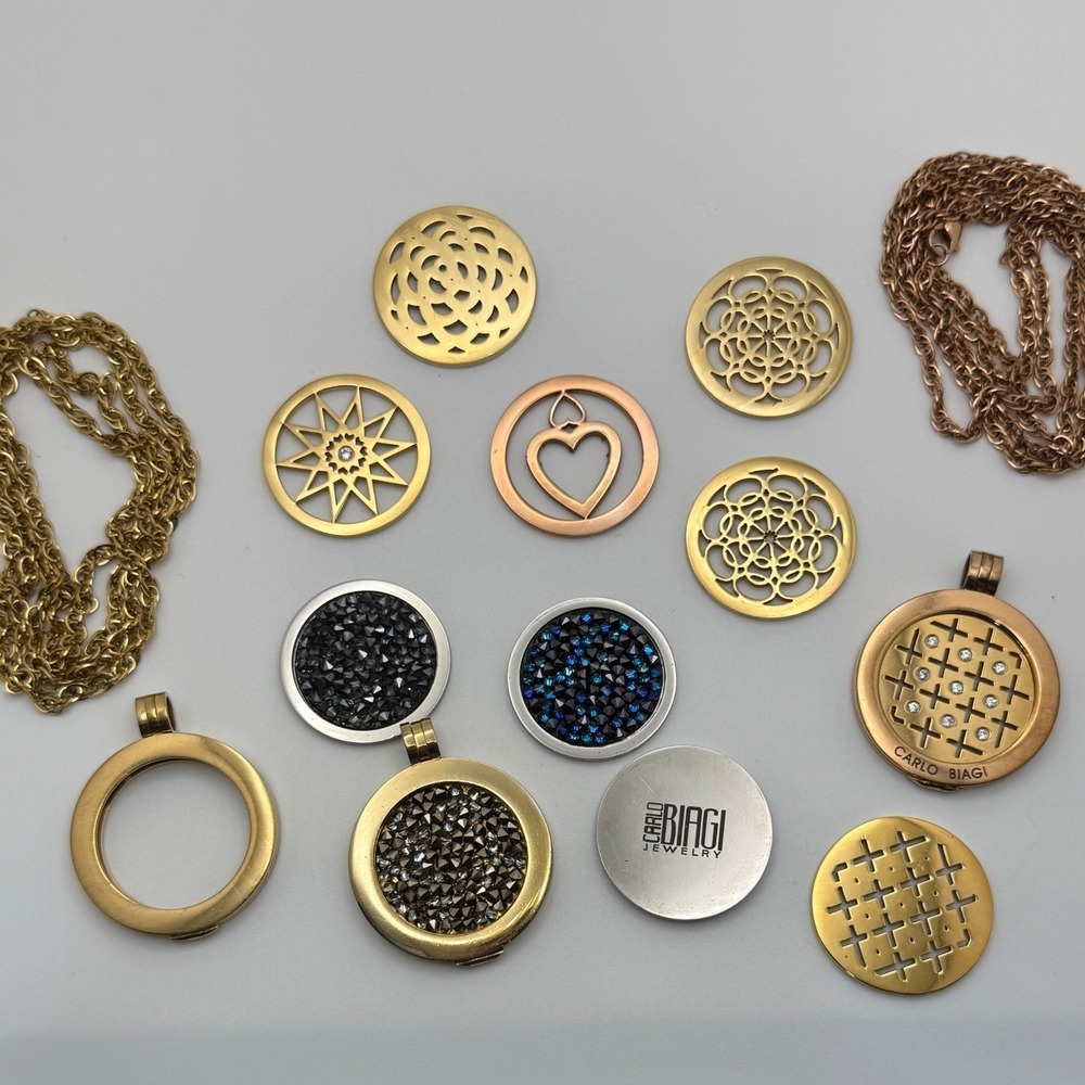 Carlo Biagi Jewelry Interchangeable Coin Locket Necklace Lot 16pc Rose Gold CZ - Picture 2 of 8